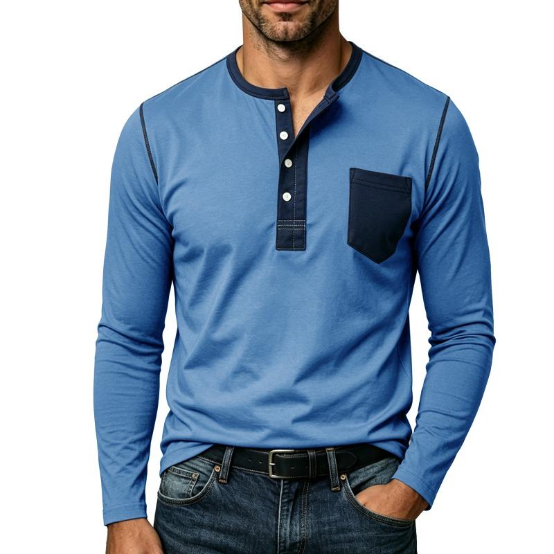 Mens Contrast Color Pocket Long Sleeve Crew Neck Henley Casual T Shirt