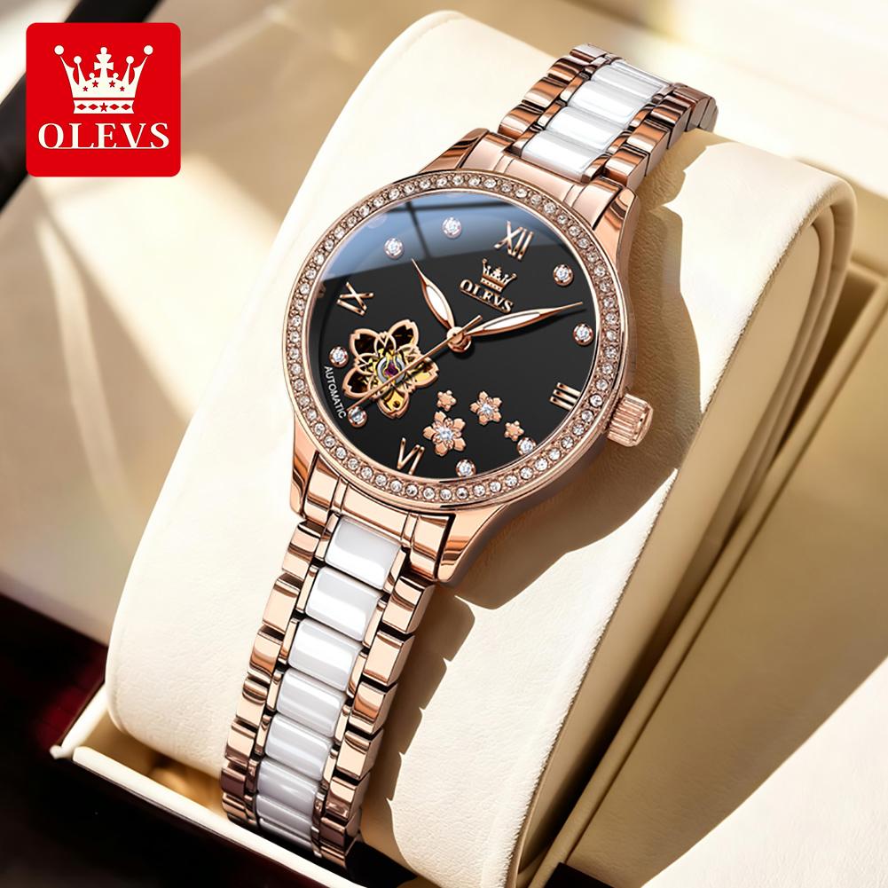 OLEVS Automatic Mechanical Woman Watch Hollowed Flower Design Ceramic Strap Diamond Bezel Luminous Waterproof Watches for Women