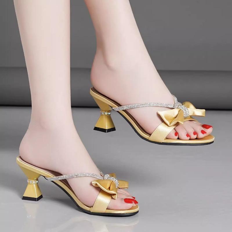 Summer New High Heels Round Toe Versatile Slip-On Design Casual Bow Fashion Rhinestone Delicate Open Toe Sandals