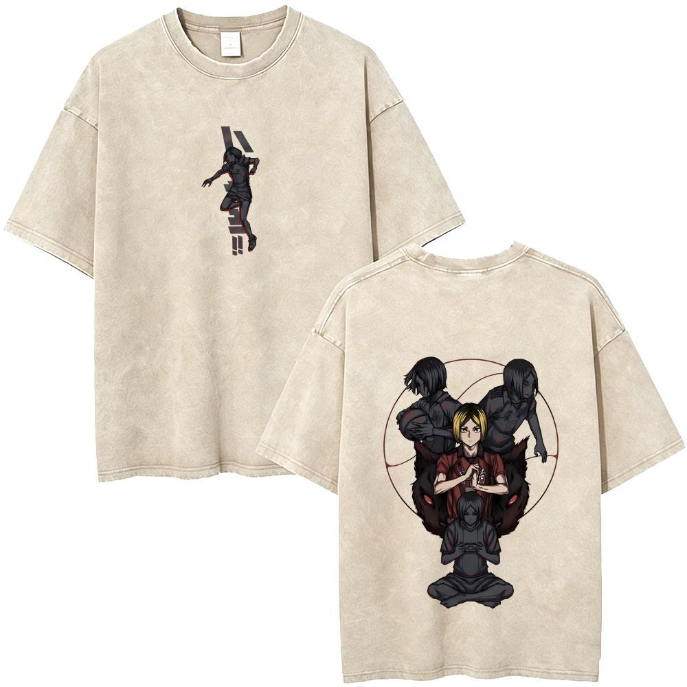 Gewaschenes Vintage Anime Haikyuu KARASUNO Merch T-Shirt Herren Cartoon Manga Oversized T-Shirt Herren Sommer Lässige Kurzarm-T-Shirts