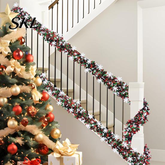 Holiday Decoration Supplies 78 Inch Green Red Christmas Garland, Metallic Tinsel Twist Hanging Garland with Reusable Greenery Snowflake for