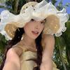 Straw Hat Breathable Large Brim Lightweight Foldable Ruffled Lace Design Sun Protection Hat Summer Outdoor Travel Beach Vacation Hat