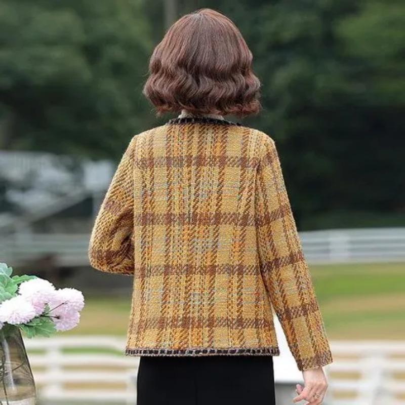 Autumn and Winter Contrast Button Cardigan Long-sleeved Women's Plaid Coat Fashionable Commuter Elegant Top