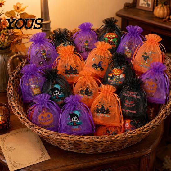 Halloween Pouch 12 Pcs Organza Candy Bag, Drawstring Treat with Pumpkin Ghost Bat Trick or Bag Print, Sheer Favor for Party Snacks, Gift Packaging