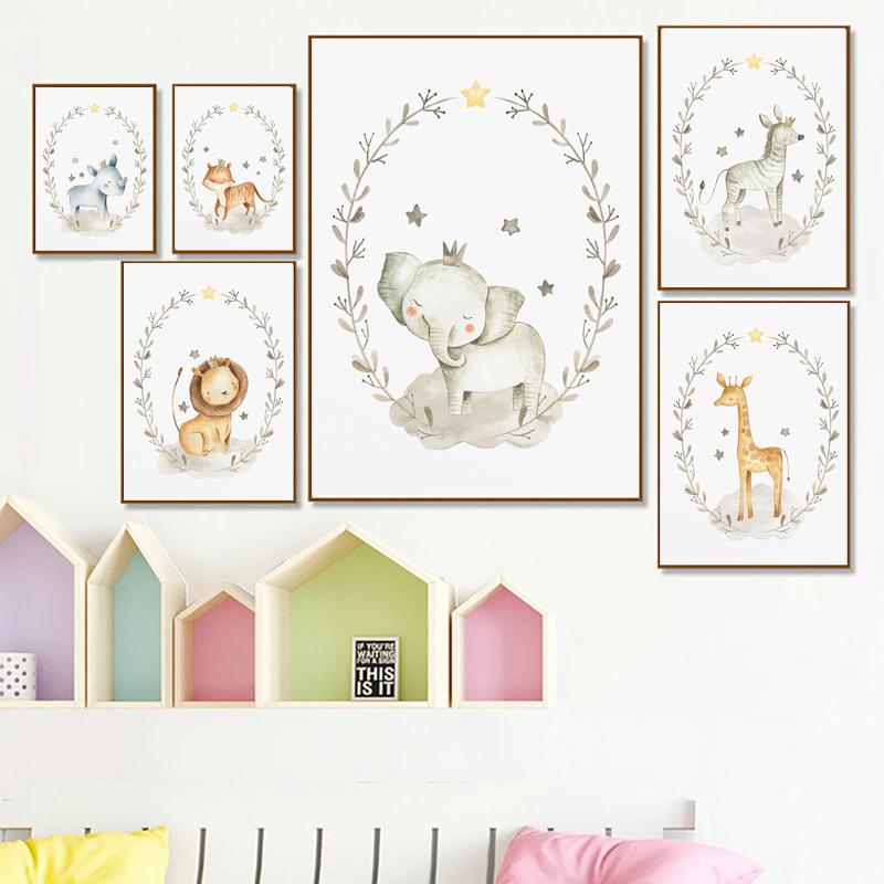Cartoon Cute Animal Lion Giraffe Elephant Wall Art Canvas Painting Nursery Posters And Prints Wall Pictures Baby Kids Room Décor No Frame