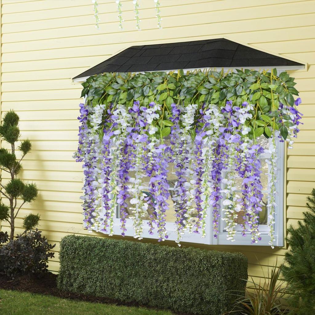 8pcs Artificial Flowers Silk Wisteria Vine Ratta Silk Hanging Flower Wedding Decor (Purple)