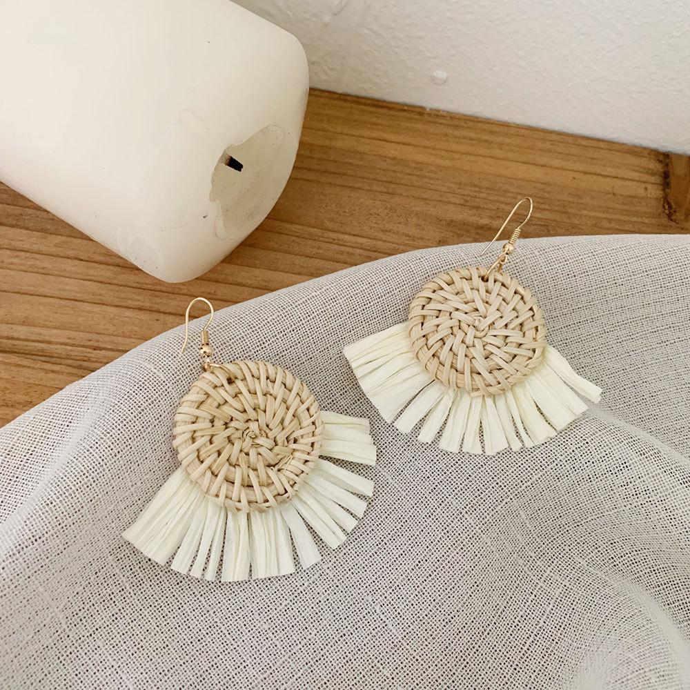 Korean Resort Style Handmade Rattan Raffia Straw Dangle Earrings with Ear Clips