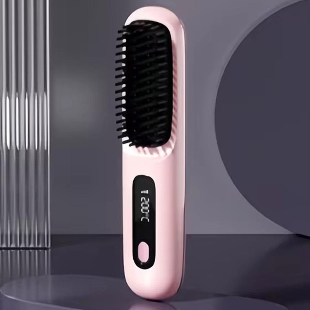 USB Charging Ceramic Heated Hot Brush Cordless Electric Heated Hair Comb  for Women розовый