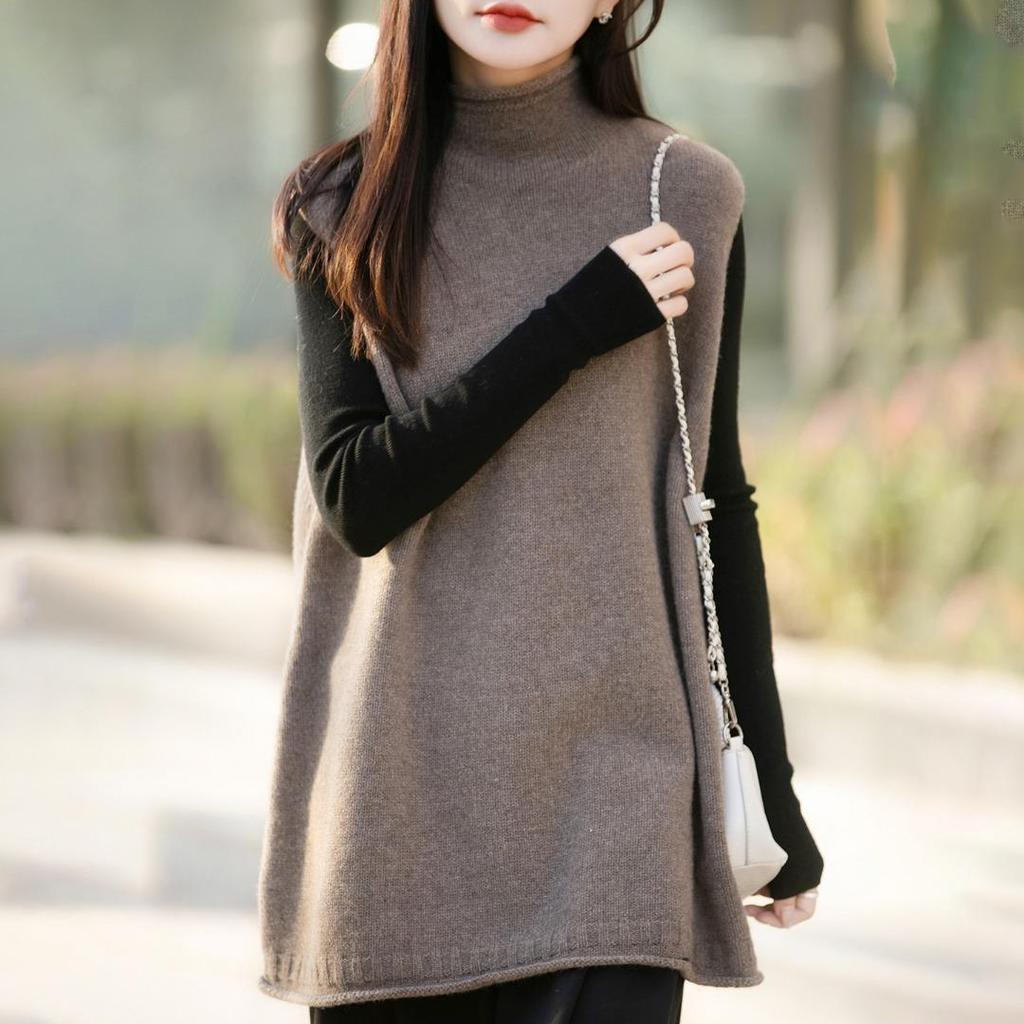 Korean Style Half-High Neck Fleece Knit Vest for Women – Autumn Winter, Loose Mid-Length Sleeveless Sweater