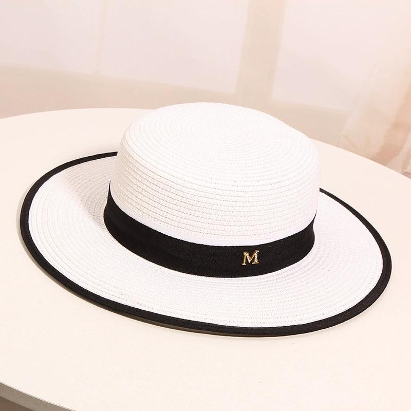 Women's Summer Travel Beach Jazz Hat Seaside Sunshade Sun Protection Straw Hat Flat Top British Hat Straw Woven