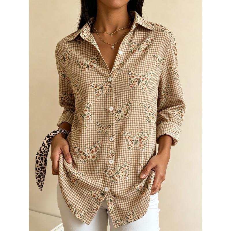 Women s Long Sleeve Butterfly Print Plaid Button Down Casual Shirt Elegant Daily Blouse Tops in Beige for Spring Summer S