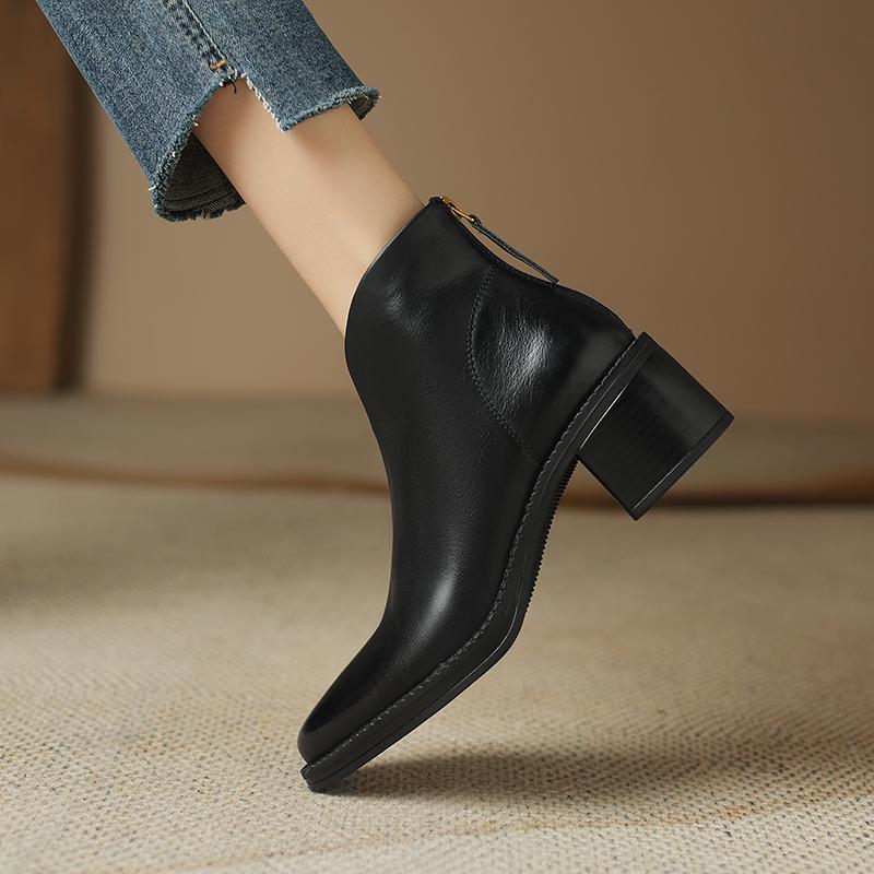 2024 Nové Zralé Dámské Kotníkové Boty pro Ženy Podzim Zima Pravá Kůže Vysoké Podpatky Zadní Zip Pracovní Obuv Žena Základní