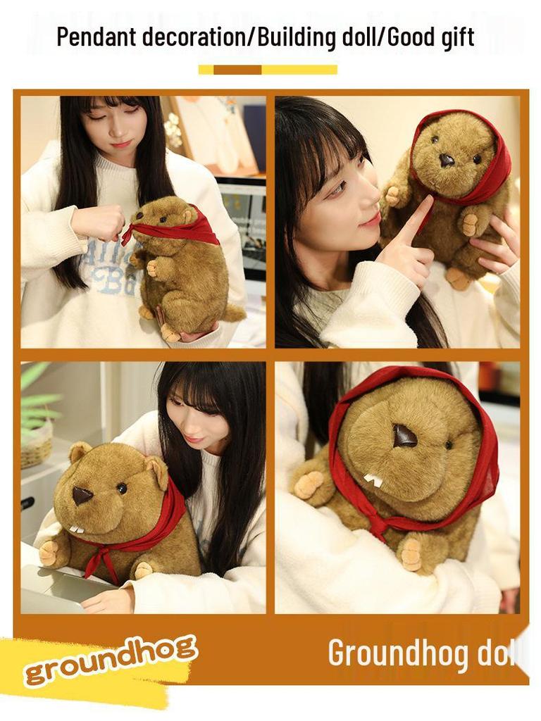 Red Scarf Marmot Plush Toy - Cute Mouse Figurine & Realistic Beaver with Big Incisors, Perfect Kids' Birthday Gift