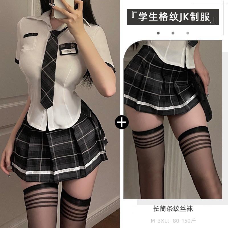 Womens Japanese Style JK Uniform Set Short Sleeve Shirt Plaid Skirt High Waist Casual Outfit