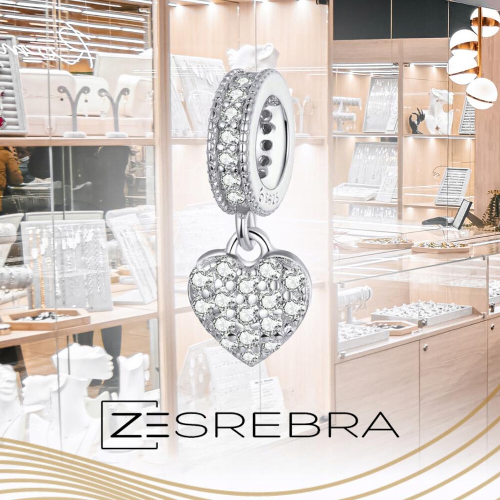 Charms Hanging Heart 925 Bead Pendant With Cubic Zirconia S925