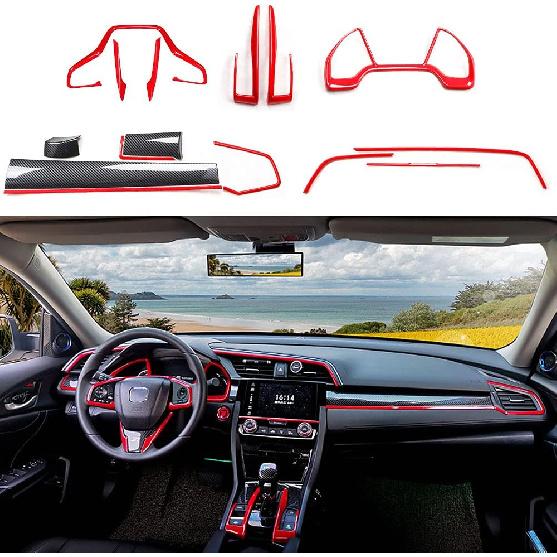 Rifoda for Honda 10th Gen Civic 2016 2017 2018 2019 2020 ABS Carbon Fiber Grain Console Center Dashboard Cover and Gear Box and Steering Wheel Trims