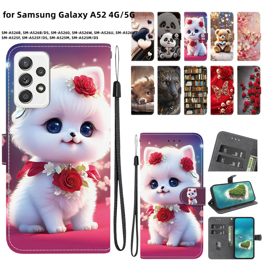 Handmade PU Leather Flip Case for Samsung Galaxy A52 4G/A52 5G (SM-A525F/A526B)- Anti-Slip Shockproof Cover with Wrist Strap & Heart/Rose Cat Designs