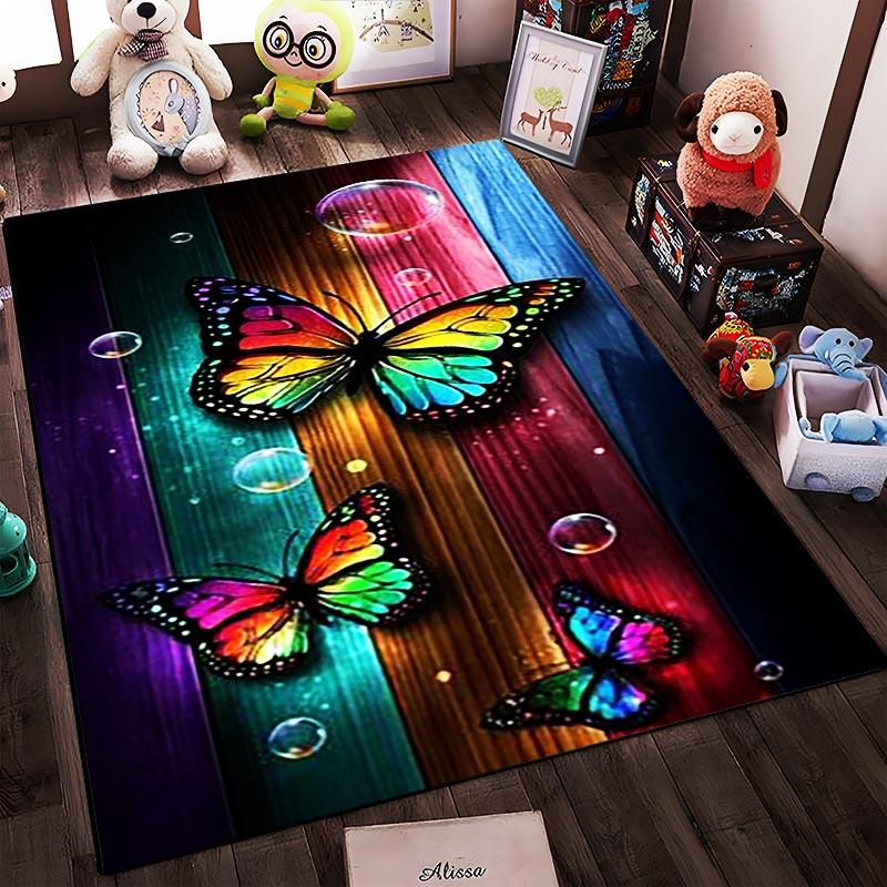Colorful Butterfly Pattern Carpet with Wooden Background Design Suitable for Use As an Anti-slip for Living Room Bedroom Sofas
