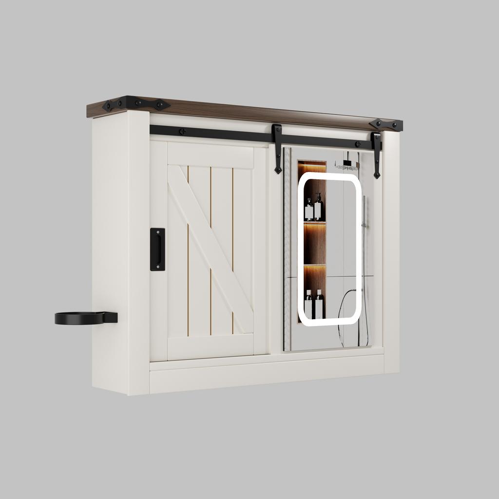 With Sliding Door 3-color Light Adjustment, Anti-fog LED Mirror Cabinet Farmhouse Bathroom Mirror Cabinet for Bathroom Bedroom