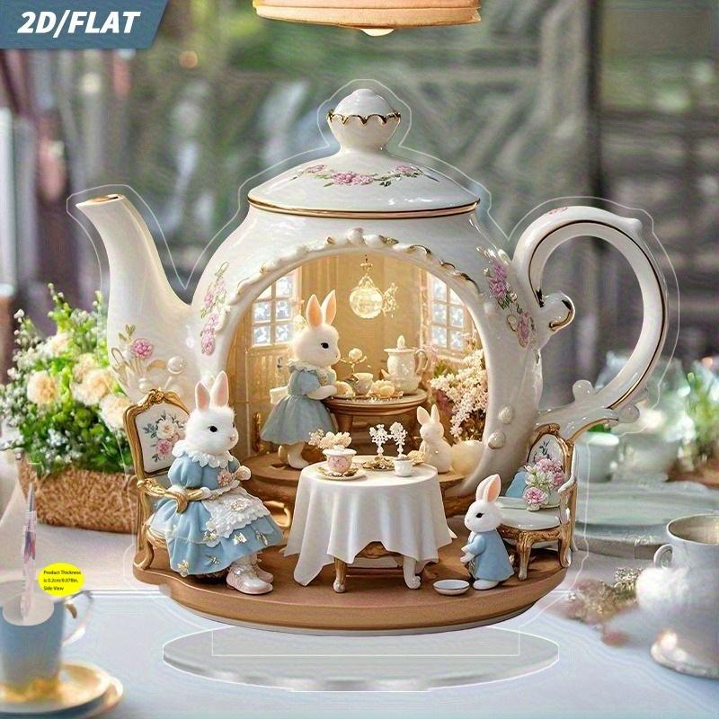 1pcs Rabbit Family Enjoys Afternoon Tea, Multi Functional Desktop Decorations. 2D Plane,. Suitable for Home Decoration