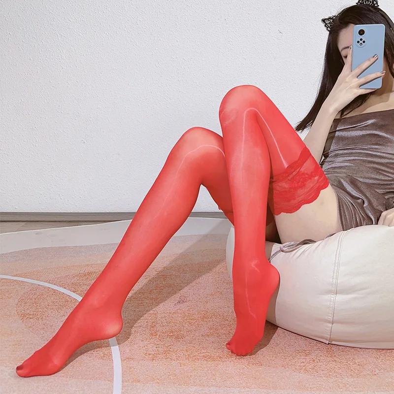 Damen Sexy Strümpfe Spitze Anti-Rutsch Kniestrümpfe Öl Glänzend Eng Transparent Strümpfe Sexy Seidig Glatt Nahtlos Lange Schlauchstrümpfe