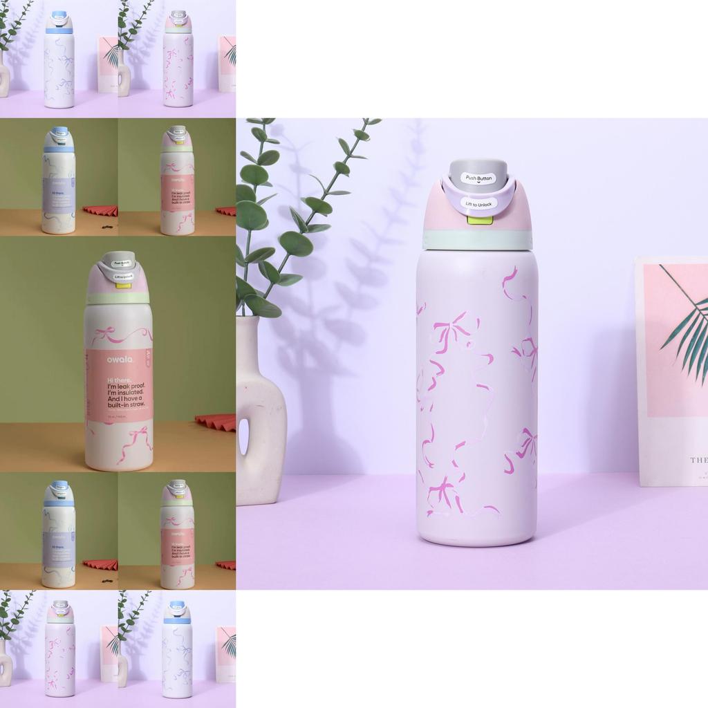 Ribbon Bow Pattern Print Insulated Water Bottle With Reusable Straw For Camping And Travel