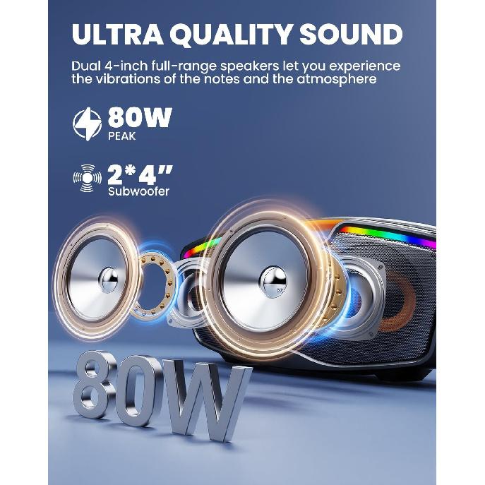 Bluetooth Karaoke Machine for Adults & Kids, 80W Portable Speaker with 2 Wireless Microphones, Echo Adjustment, Support USB/AUX/TF Card