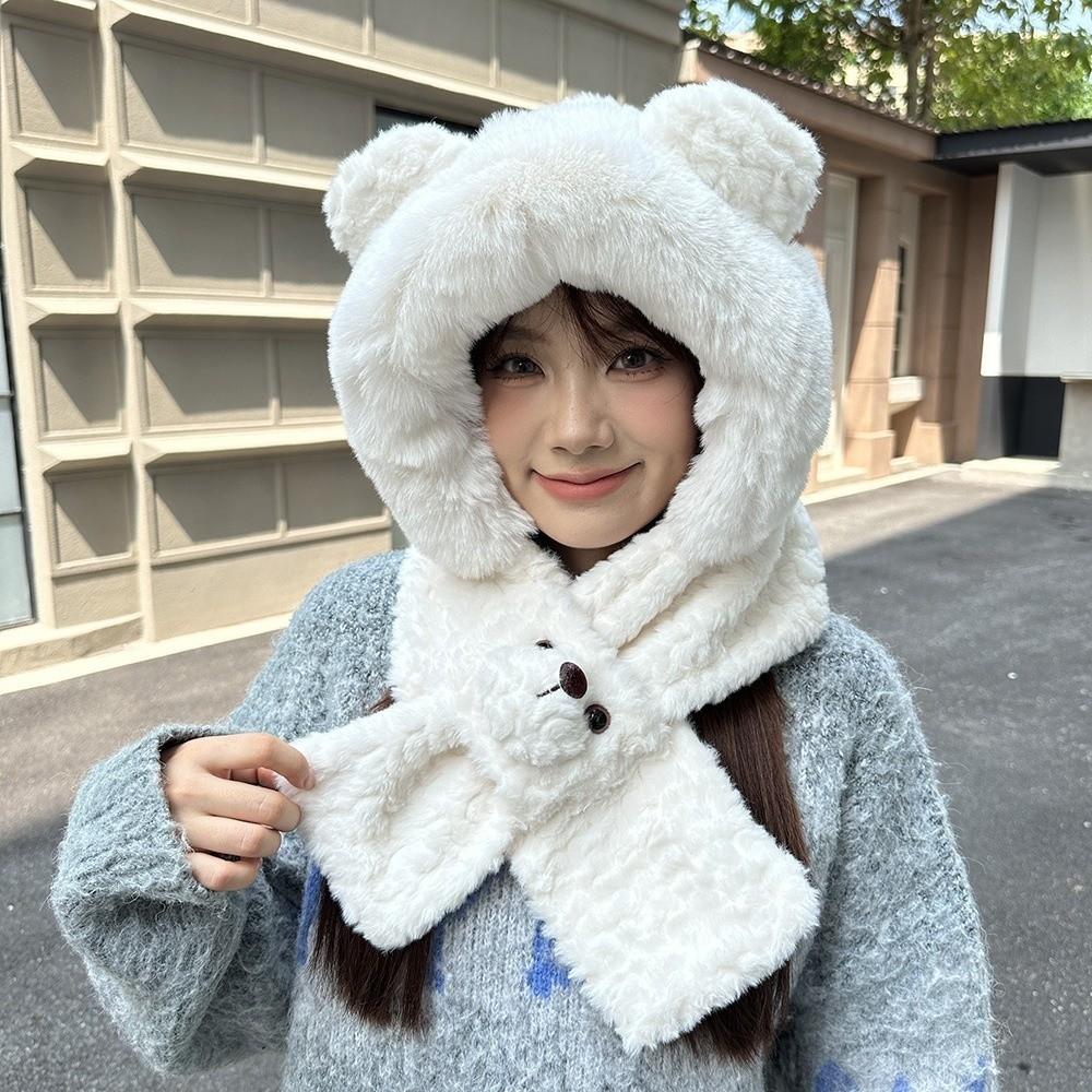 Cartoon 2 in 1 Plush Scarf Warm Winter Neckerchief Cute Bear Ear Hat  Ski