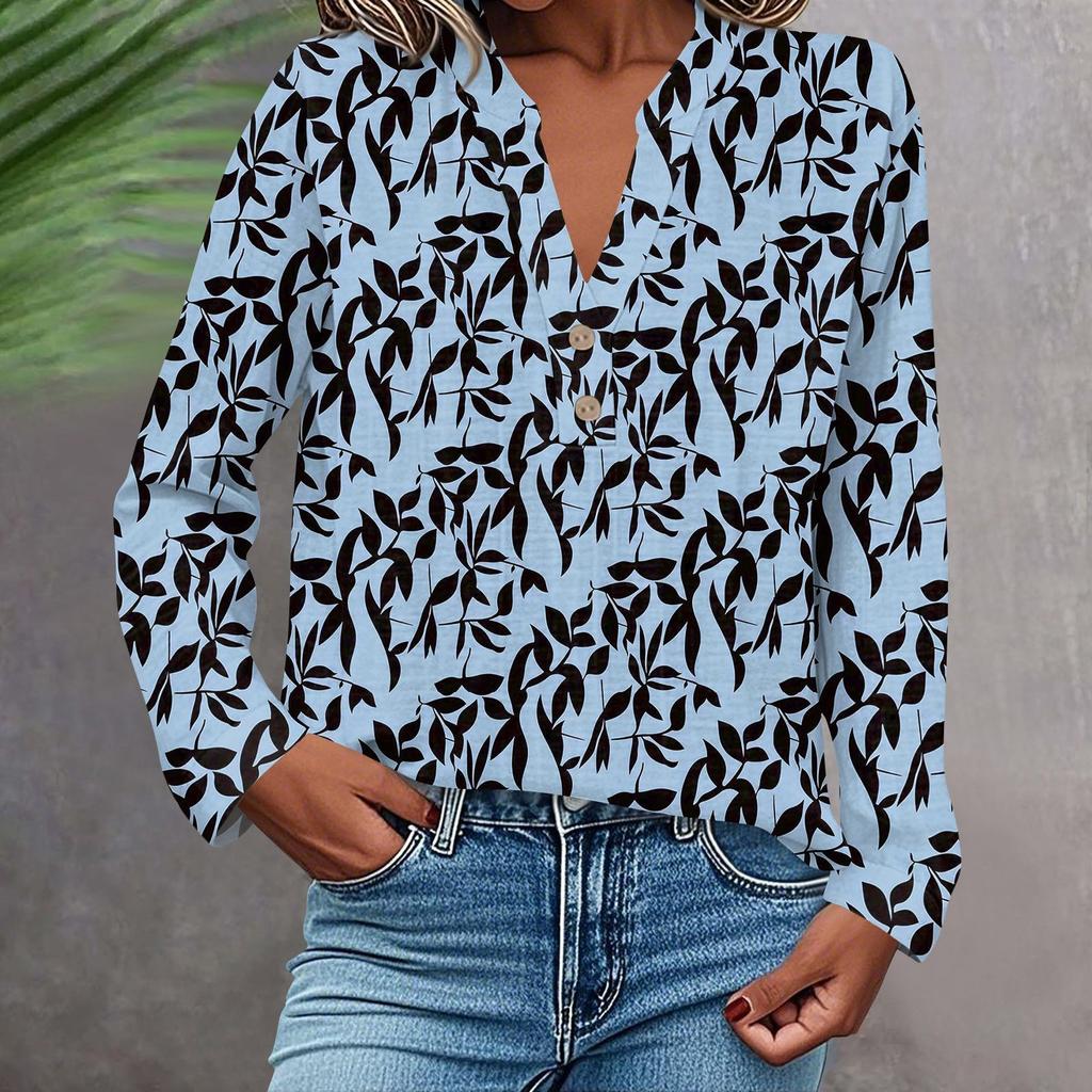 Camisa de Moda y Casual para Mujer Manga Larga Cuello en V Botones Estampada Blusa Top