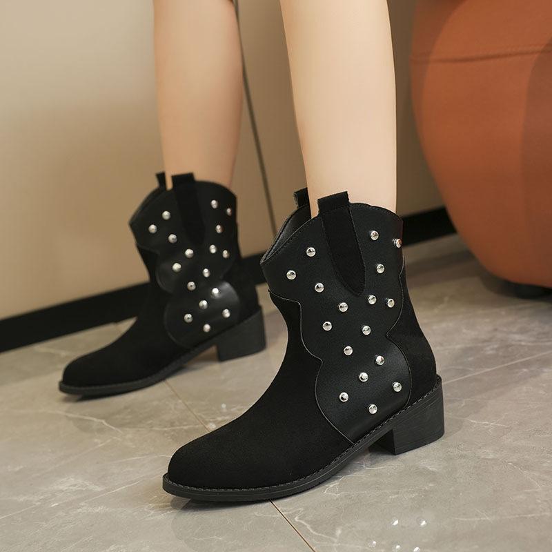 Winter Damenstiefel mit Nietenbesatz Retro Spitzblockabsatz Chelsea Stiefeletten Sleeve Martin Stiefel