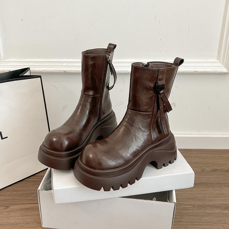 Faux Leather Martin Boots Women's 2025 Autumn and Winter New Muffin Thick-soled One-pedal Light Cigarette Boots Velvet Short Boots