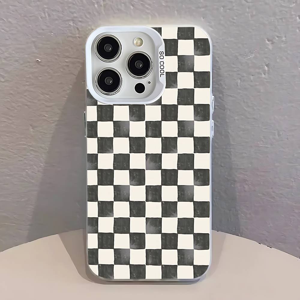 Black white Checkered  Phone Case For iPhone 17,16,13,12,11,15,14,Pro,Max,Plus,SE4,Air,Mini White IMD Matte
