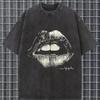 Herren Goth Grunge Punk Beißende Lippen Vintage Gewaschenes T-Shirt Sommer Damen Tee Übergroßes Oberteil Streetwear Lässig Trendig Harajuku