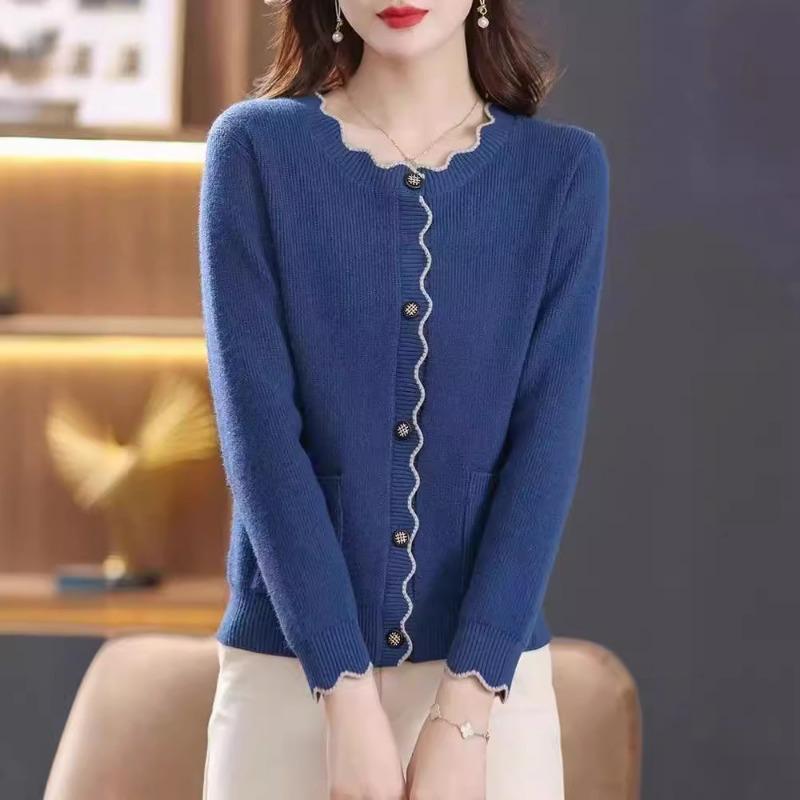 Spring and Autumn Clothing Mom Clothing Fashion Temperament Lace Contrast Color Crew Neck Knitted Cardigan Sweater Women