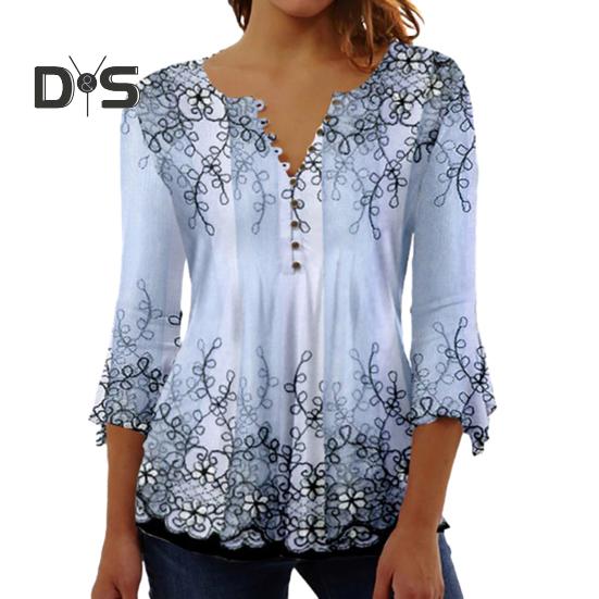 Women Spring Autumn V Neck Buttons Half Placket Blouse 3/4 Sleeves Loose Hem 3D Flower Print Pullover T Shirt Top Streetwear