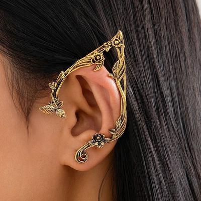 Salircon Gothique Exquis Fleurs Feuille Clip d'Oreille Trou d'Oreille Femmes Punk Design Créatif Vintage Elf Clip d'Oreille Boucles d'Oreilles Bijoux Cadeau