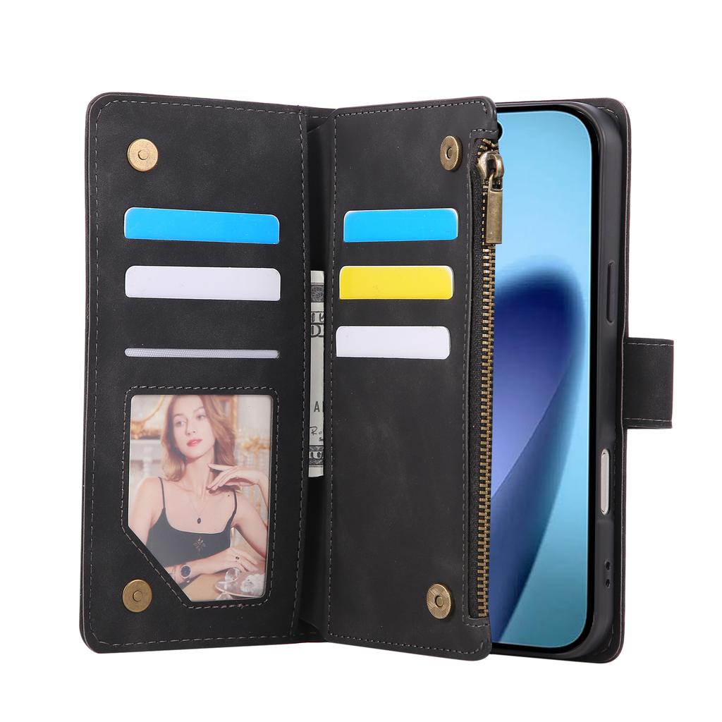 For iPhone 17 Pro Case Zipper Wallet Multiple Card Slots Leather Phone Cover with Wrist Strap