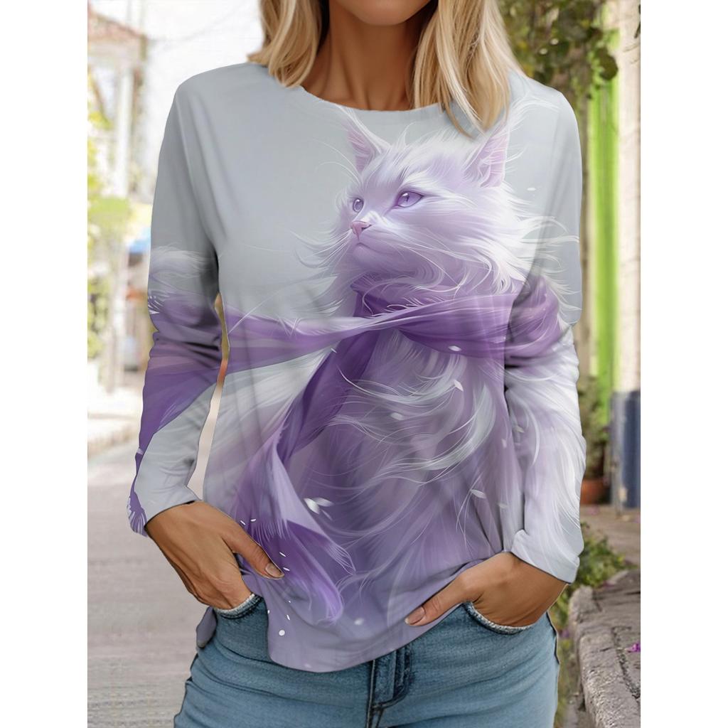 2025 Autumn and Winter Women's Long Sleeve 3D Printed Cute Cat T-Shirt, Streetwear, Round Neck Long Sleeve