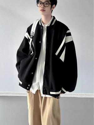 Men's Retro Wool Color Block Baseball Jacket - Trendy, High-End, Versatile Coat for Spring and Autumn.