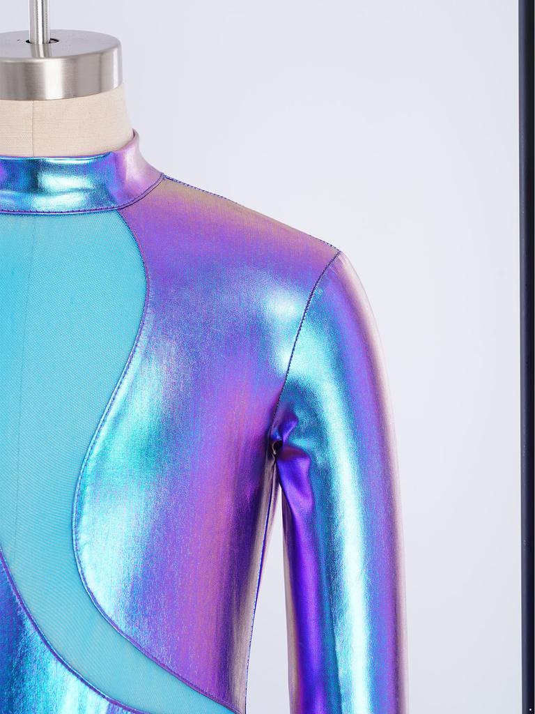 Girls Stage Performance Jumpsuit: Asymmetrical Metallic Mock Neck Mesh Patchwork Back Invisible Zipper Bodysuit Dancewear