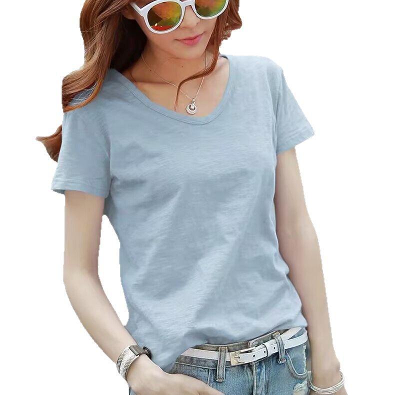 Bambus-Baumwoll-T-Shirt Damen Kurzarm Sommer 2025 Neu Locker Schultervorderseite Lotuswurzel Rosa Oberteil Einfarbiges Körpershirt