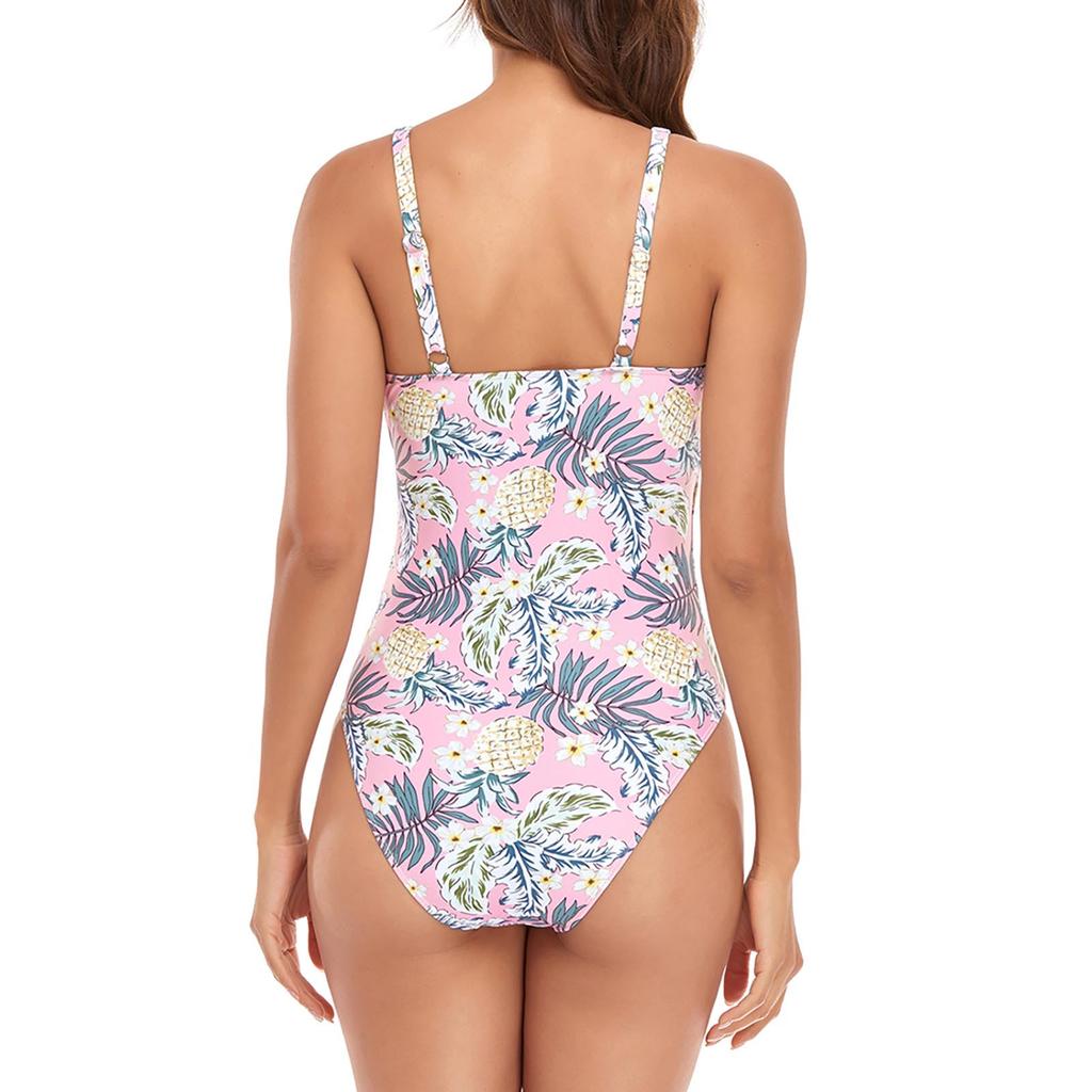 One Piece Swimsuit for Women Padded Wireless Swimwear Floral Print Adjustable Side Tie Beachwear Bathing Suit