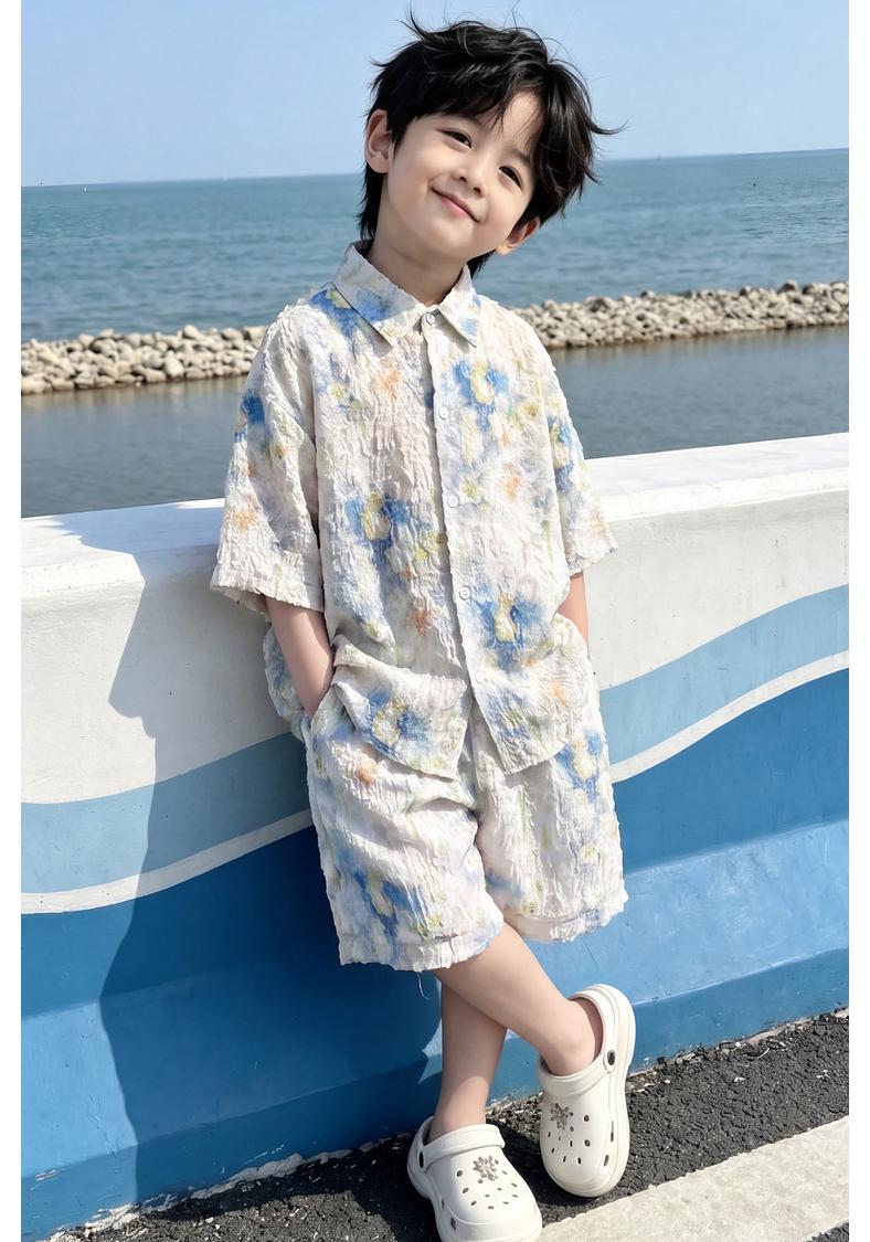 2026 Boys  Korean Style Tie-Dye Short-Sleeved Shirt & Shorts Two-Piece Set 140 cm