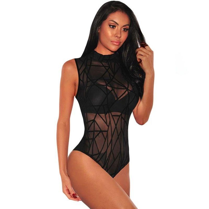 

Ретро Комбинезон без рукавов Сексуальный Прозрачный Шаговый Шов Тюль Black S