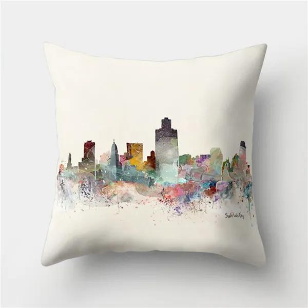 Colorful High City Building Print Decorative Pillow Case Bed Cafe Sofa Home Decor Polyester Square Cushion Cover 45X45Cm