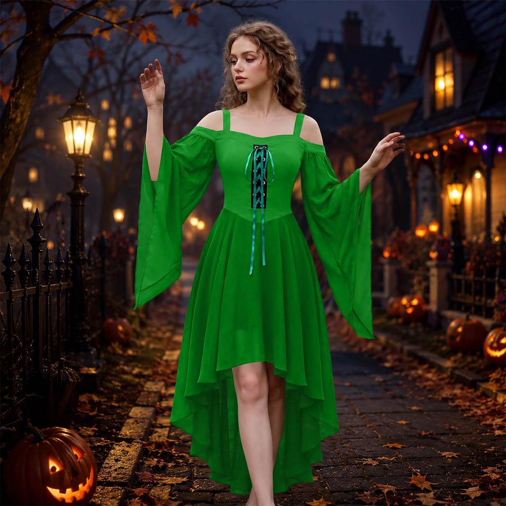 Women's Gothic Off Shoulder Spaghetti Strap Color Chiffon Dress with Butterfly Sleeves and Irregular Hem