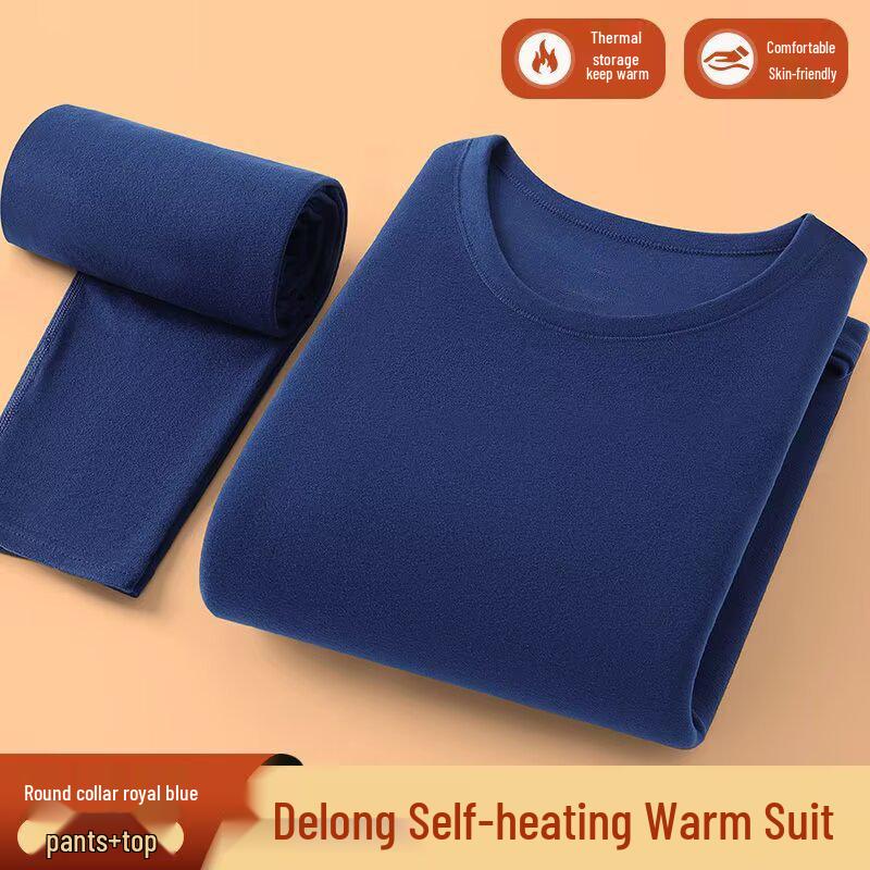 Męski Jesienno-Zimowy Ciepły Zestaw Bielizny z Okrągłym Dekoltem - Jednolity Kolor, Duży Rozmiar Warstwa Bazowa