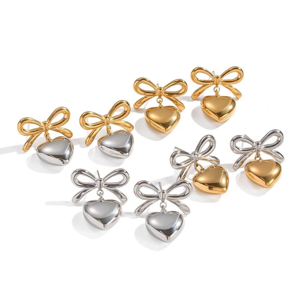 Xia Ling Valentine's Day 18K Gold-Plated Heart Pendant Bow Stud Earrings - European & American Style, High-End Titanium Steel