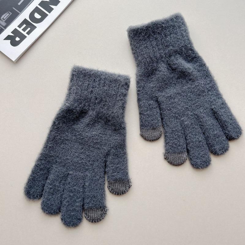 Autumn and Winter Men's Solid Color Knitted Gloves, Winter Cycling Warm Men's and Women's Five-finger Knitted Gloves