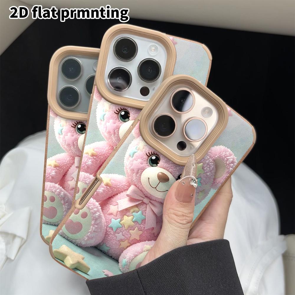Phone Case: 2D flat lambskin suitable for iPhone 18 17 16 15 14 13 Pro protective case, pink little bear, Christmas and Halloween gift